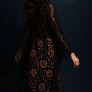 Witchy Whimsigoth Black Lace Sheer Duster Kimono Large Mid Calf Boho Gothic